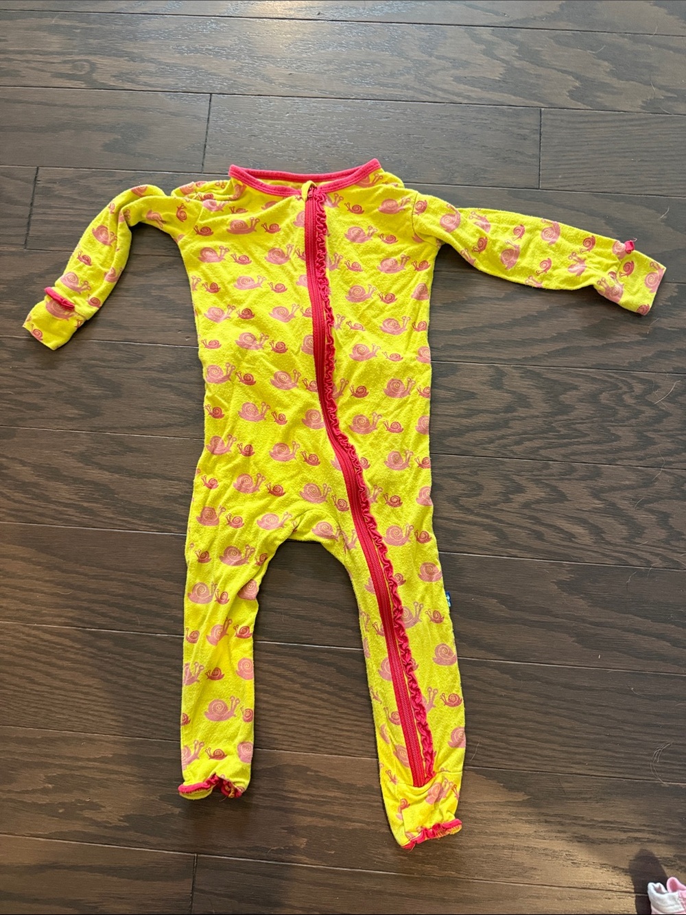 Yellow Snail Print Kids One-Piece with Pink Trim